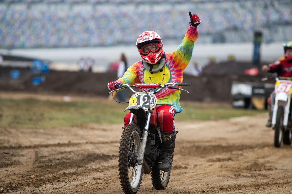 Carl Mabrey celebrates fourth place in the Vintage 125 class. 