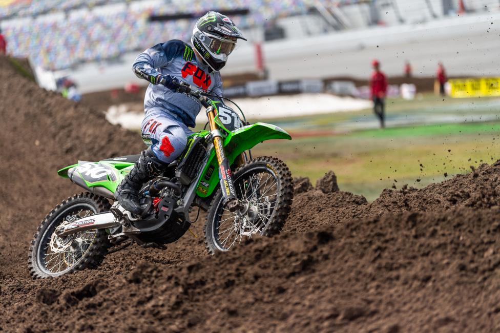 Team Green Kawasaki’s Seth Hammaker won the 450 A class, but finished second to Cullin Park in the 250 A division.