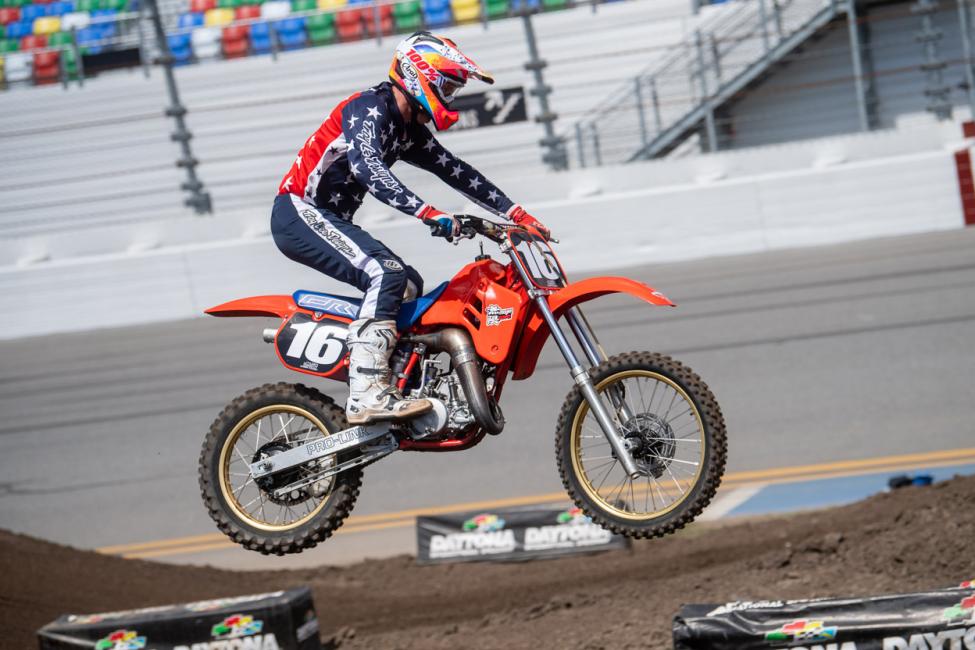 Jeff Stanton, serving once again as the Grand Marshal for the Daytona Vintage Supercross, competed in three events, winning two – Evolution 2 Masters 50 and Evolution 3 Masters 50. Photo: Shan Moore